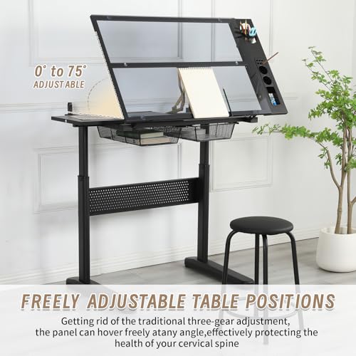 Adjustable Drafting Table with Hand-Crank Lift, 0-75° Tilting Tempered Glass Art Desk with Metal Drawers & Slide-Out MDF Side Table, Height Adjustable 29.5\"-41.3\" Drawing Desk with Storage & Stool