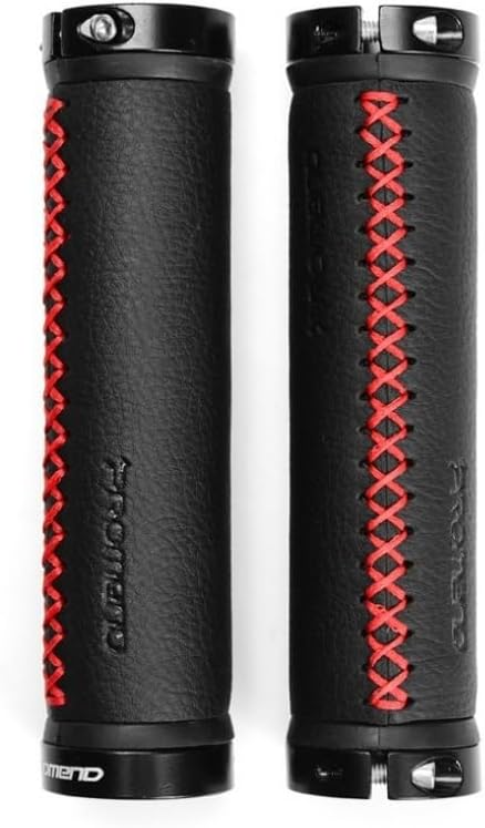 即納軽量PROMEND 両端アルミ合金クランプ ロックオンタイプ PUレザー張り 手縫い グリップ GR-501 黒／赤ステッチ