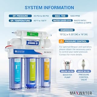 Max Water 5 Stage Reverse Osmosis Drinking RO Water Filter System 50 GPD - Under-Sink/Wall Mount Water Filtration System for Home, DIY Installation