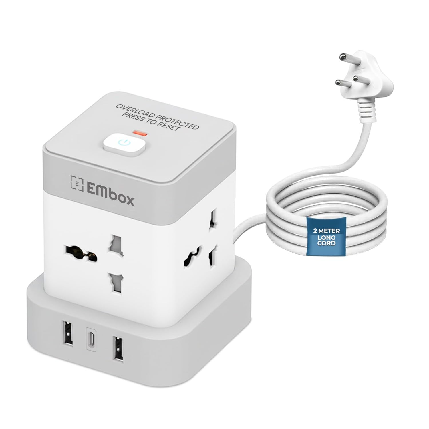 EMBOX Cube Extension Board with 3USB 2.4 A | 2500W Extension Board with Switches | Extension Cord with 4Universal Sockets Safety Shutter & Overload Protector, 2 Meter-image-16