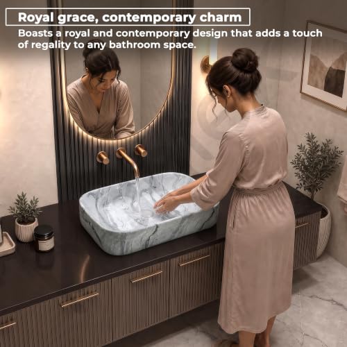 Image of Plantex Tabletop Wash Basin /Bathroom Sink /Wash Basin Over Counter /Designer Ceramic Wash Basin for Bathroom (21.5x14x4.5 Inch - Marble Finish)