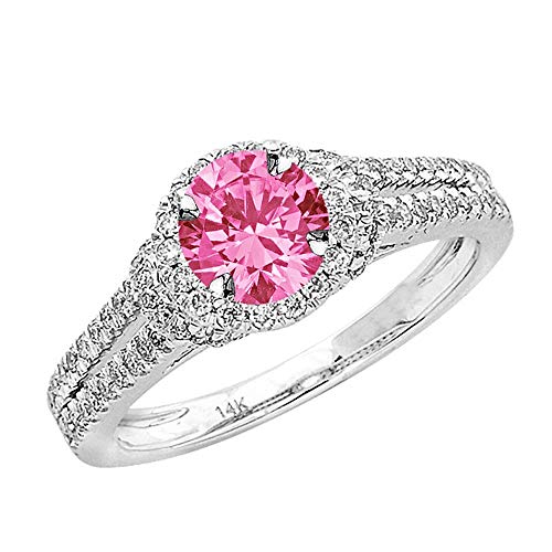 1.4 Carat t.w 14K White Gold Double Row Split Shank Halo Style Diamond Engagement Ring w/a 1 Carat Round Cut Pink Sapphire Heirloom Quality