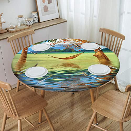 Beach Pattern Round Table Cover,Elastic Edge,Waterproof Wipeable Round Table Cover For Indoor Outdoor Patio Use,Multicolor,For 45" To 56" Round Tables #TOP2