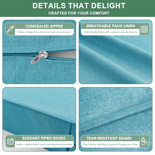 Image of Summsun Faux Linen Outdoor Chair Cushions, Water Resistant Backrest and Deep Seat Cushion Set with Removable Cover, Straps, Non-Slip Bottom for Patio Furniture, 24 x 24 Inch, Teal, Set of 4