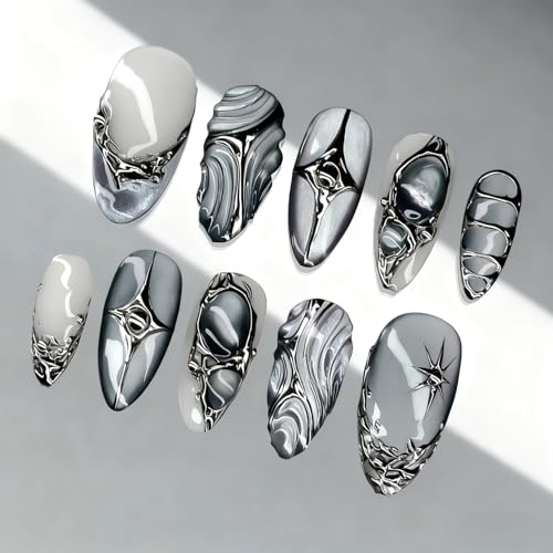 30Pcs Chrome Silver Press on Nails Medium Almond Fake Nails 3D Rhinestone Design Star False Nails Silver Irregular Patterns Full Cover Glossy Metallic French Artificial Nail for Women Y2K Nails Decor