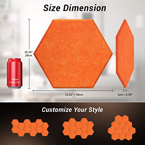 Image of Self-adhesive Hexagon Acoustic Panels 12 Pack, TONOR 12 inchx 10 inchx 0.4 inch High Density Sound Proof Panels Tiles for Walls, Absorbing Noise and Eliminating Echoes Acoustic Foam for Home Studio Orange