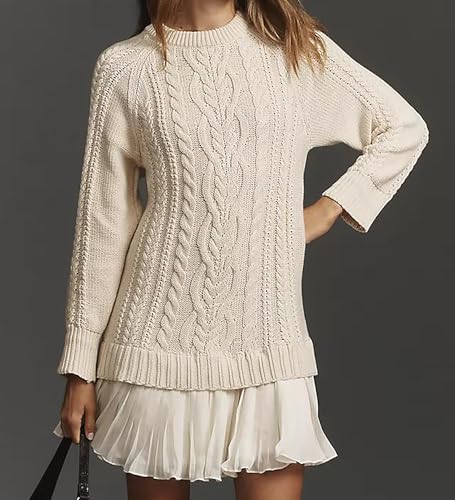 Women Crewneck Cable Knit Sweater Mini Dress, Fall Winter Long Sleeve Mini Warm Pleated Twofer Style Patchwork3