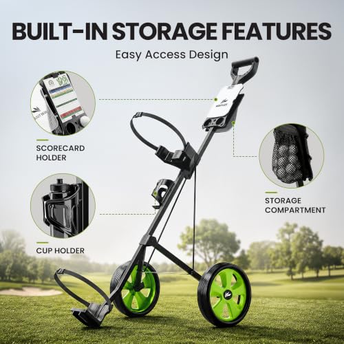 Image of 2-Wheel Golf Pull Cart - Lightweight Foldable Golf Push Cart with Durable Steel Frame, Adjustable Web Straps, Compact Design for Walking Golfers