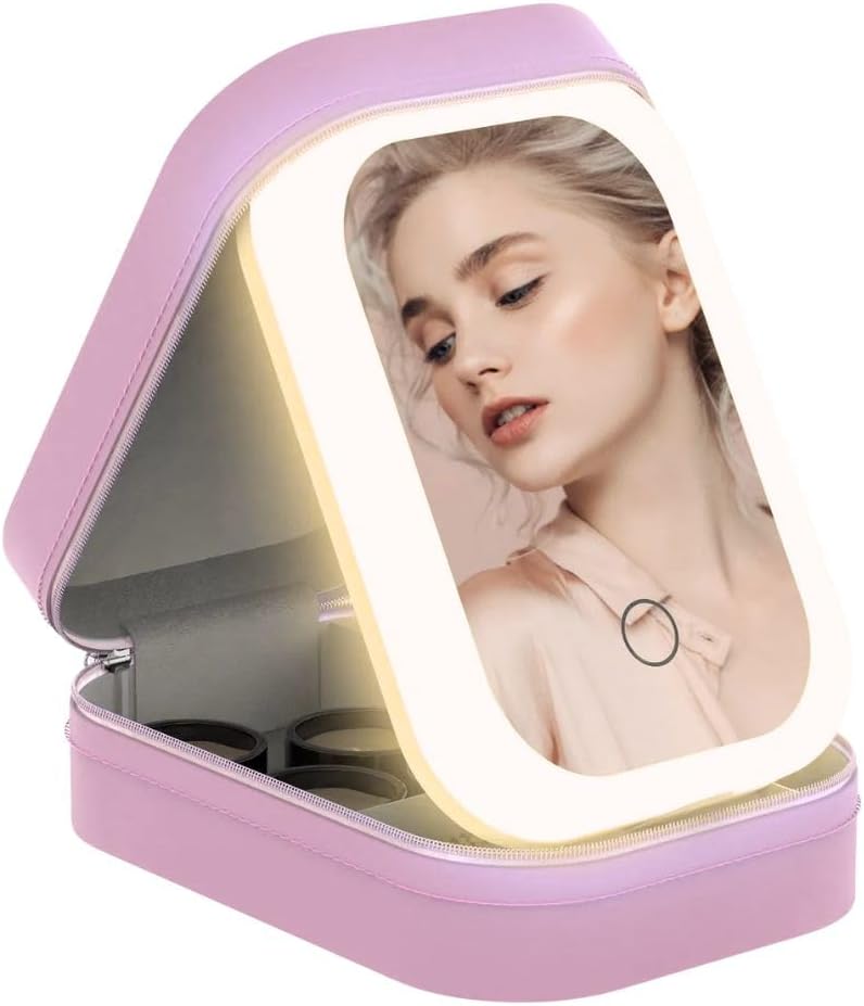 Portable Travel Makeup Bag with LED Mirror, Rechargeable Travel Makeup Case with Lighted Mirror, Waterproof PU Leather Small Makeup Bag for Travel, 4 Compartments, Pink Makeup Bag, Made in USA (Pink)