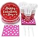 Disposable Dinnerware Set - Serves 24 - Valentines Party Supplies, Happy Valentine's Day Hearts Design, Includes Plastic Knives, Spoons, Forks, Paper Plates, Napkins, Cups, Red and Hot Pink