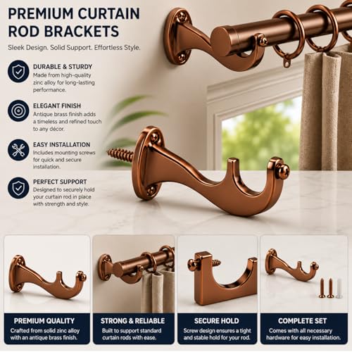 Image of Elite Aluminum Curtain Rod Brackets - Heavy-Duty Wall Mount Clamps for Curtain Rod Support for Door and Window Curtain Rods with Screw and Wall Plug - Pack of 2PCS (Royal Rose Gold)