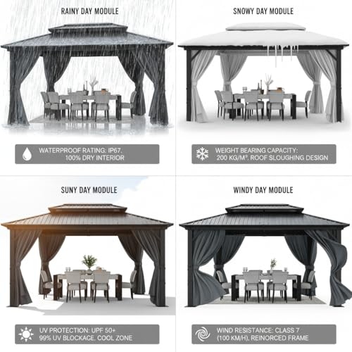 Image of HOTEEL 10x12 Hardtop Gazebo on Clearance with Heavy Duty Galvanized Steel Metal roof, Aluminum Frame,Patio Hard top Gazebos with Curtains and Netting, Outdoor Permanent Pavillon for Backyard,Black