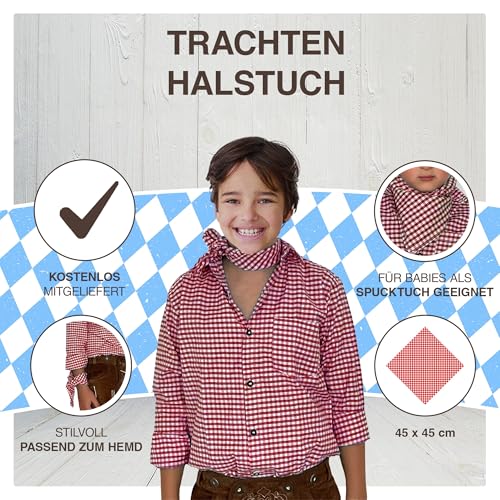 Trachterbahn Trachtenhemd Junge zur Lederhose kariert Baumwolle Langarm mit Halstuch 45x45 cm und Brusttasche rot Gr.158