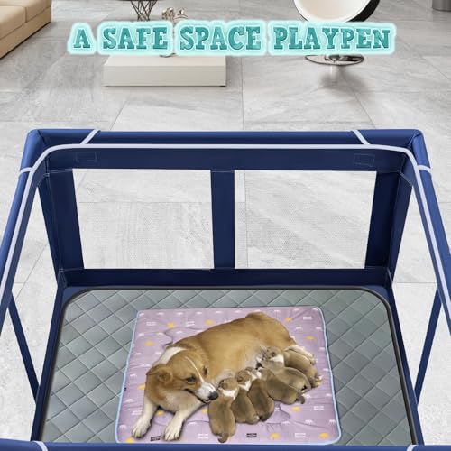 Image of XVISHX 42x42 Inches Puppy Playpen with Dog Pads, Dog Playpen for Puppies or Small Dogs, Pet Playpen for Indoor & Outdoor, Sturdy Safety DogPen with Thickened Fabric, High-Strength Nylon Wire Mesh