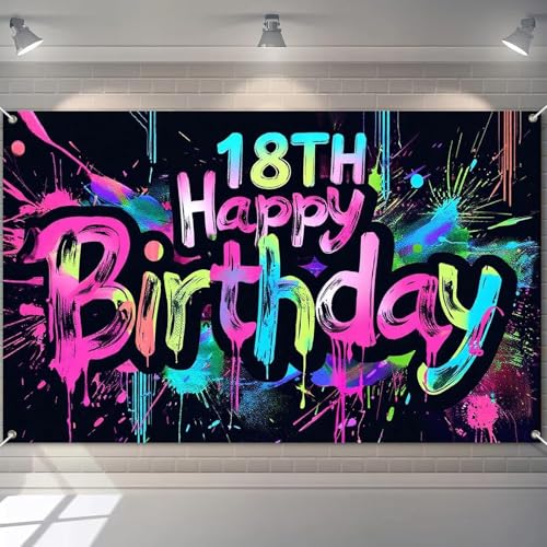 Image of HOMETITUTE Neon 18th Happy Birthday Banner 71x43 Inch Glow in The Dark Party Backdrop Colorful Wall Decor for Adults Boys Girls Eighteenth Birthday Celebrations Photo Booth Props Event Supplies