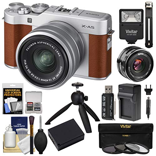 Fujifilm X-A5 Wi-Fi Digital Camera & 15-45mm XC Lens (Brown) with 35mm f/1.7 Lens + Battery + Charger + Tripod + Flash + Kit