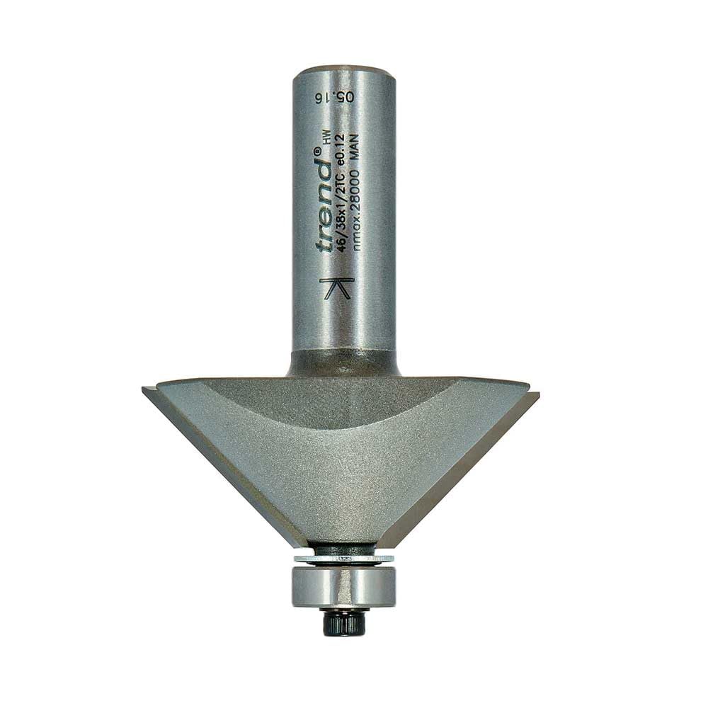 Trend Fresa per smusso 45° guidata da cuscinetto, gambo 1/2, TCT | Per biselli 45° puliti nel legno, guida con cuscinetto, Ø50 mm, lunghezza 19 mm, 46/38X1/2TC