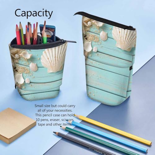 Image of Swono Seashells Pencil Holder Beach Ocean Starfish Wooden Nautical Border Stand Up Pencil Case Organizer Cosmetics Pouch For Women Men Turquoise