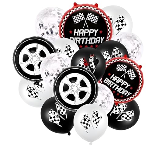 Image of GREATRIL Racing Theme Birthday Balloon Set - 16 Pcs Decoration Kit with 2 Tyre Foil Balloons, 2 Happy Birthday Foil Balloons, 4 White Balloons, 4 Black Balloons, and 4 Confetti Balloons