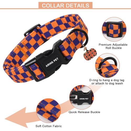 Image of ARING PET Fall Dog Collar for Puppy Small Medium Large Dog-Checkered M | Cute Autumn Purple Orange Plaid Doggy Collars with Charm for XS S M L XL Boy Girl Dogs, Soft Comfy Sturdy, Pumpkin Patch