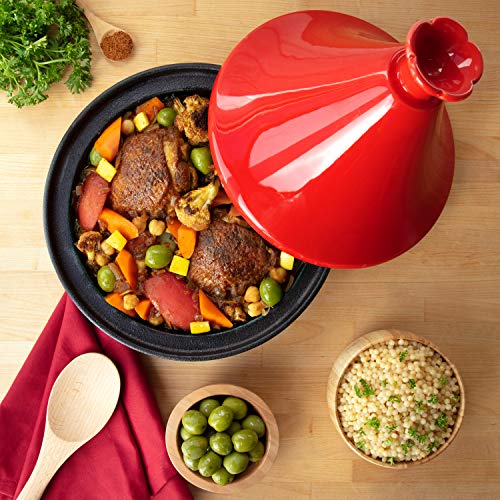 Tagine Moroccan Cast Iron 4 Qt Cooker Pot With Recipe Book, Caribbean One-Pot Tajine Cooking, Enameled Ceramic Lid- 500 F Oven Safe Dish W Large Capacity, Cone Shaped Lid, Cookware Gift #TOP6