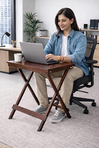 Image of fplus Teak Wood Folding Table 18x20x27 Inches | Tall Side Table for Sofa, Bed & Garden