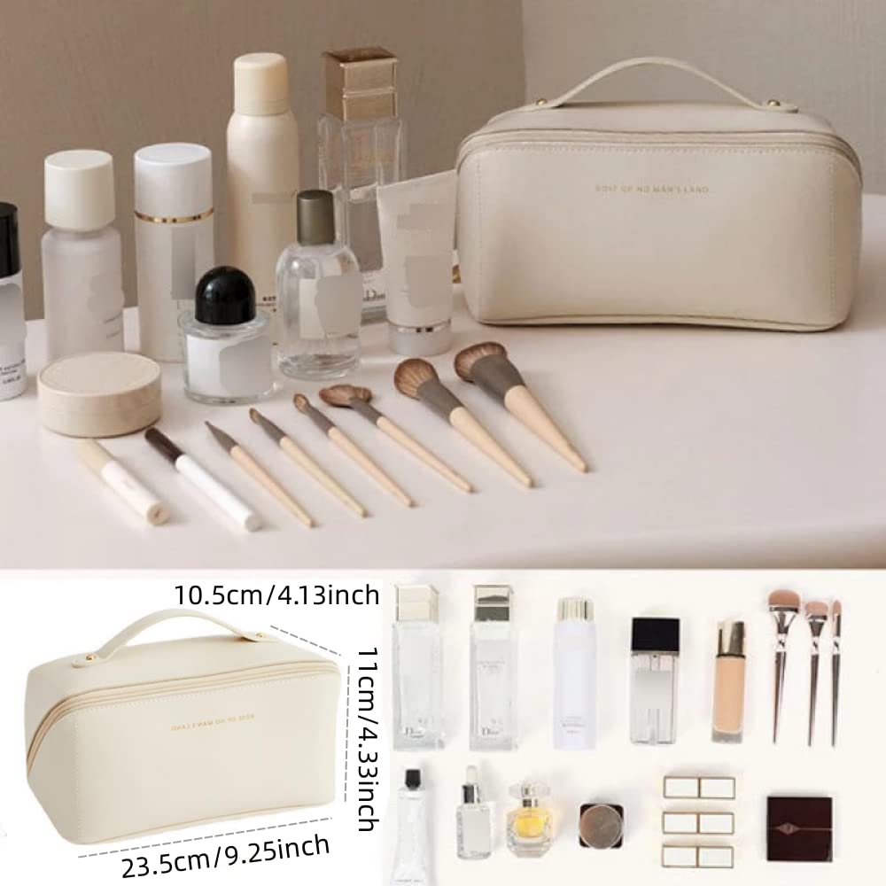Large Travel Cosmetic Bag Cosmetic Organizer High Capacity Makeup Bag Storage Pouch PU Leather Makeup Box for Women Girls (Beige) - Image 2