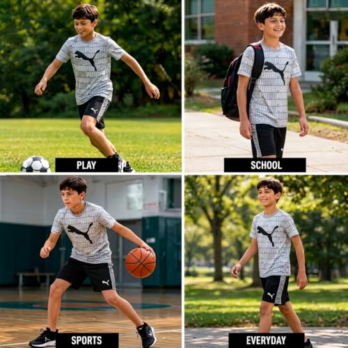 Image of PUMA Boys Active Shorts Set - 2 Piece Dry Fit T-Shirt and Performance Gym Shorts - Activewear Clothing Set for Boys (4-16)