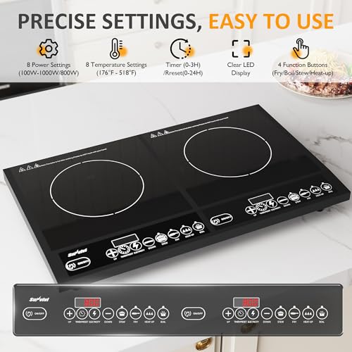 Image of Sunvivi Portable Induction Cooktop: 2 Burners in 1, Commercial-Grade Electric Countertop Stove with LED Touchscreen, 8 Power Levels & Precise Temp Control (176F-518F), Independent Timer, Black