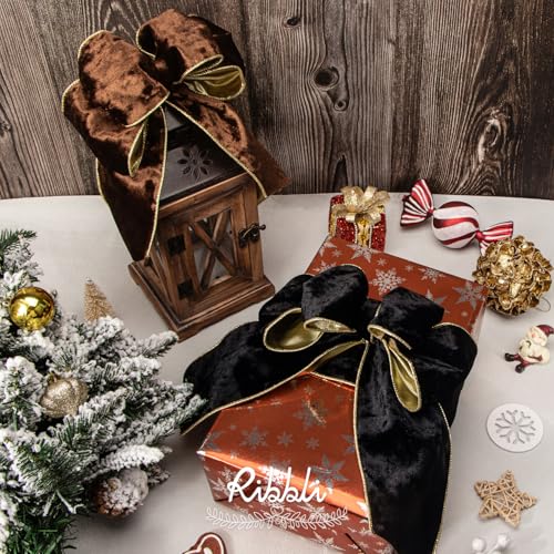 Image of Ribbli Brown Velvet Wired Ribbon 4 Inch Metallic Brown Gold Crushed Velvet Christmas Ribbon for Gift Wrapping Christmas Tree Decoration Crafts Wreaths Supplies-Continuous 10 Yards