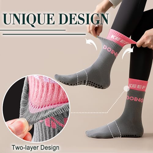 Image of 3PCS Non-Slip Pilates Yoga Socks with Grips for Women - Stylish Crew Socks for Ballet, Dance, Workout, and Pregnancy