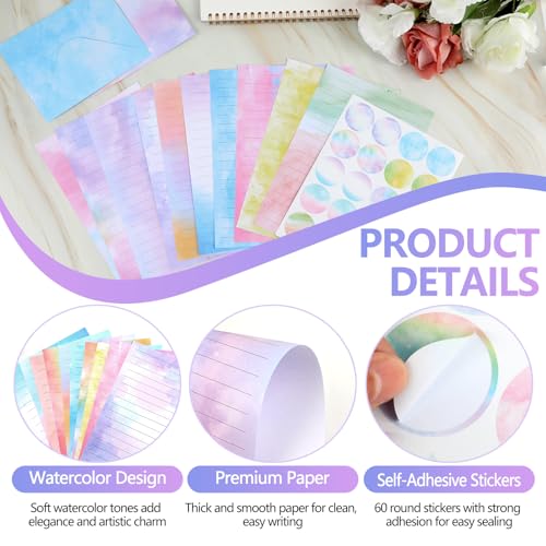 Aquarell Briefpapier mit Umschlag 160 Stück, 50 Stück Briefumschläge C6 mit 50 Liniert Briefpapier A5 & 60 Runde Sticker, Schönes Briefumschläge Set für Liebesbriefe, Geburtstag & Dankeskarten