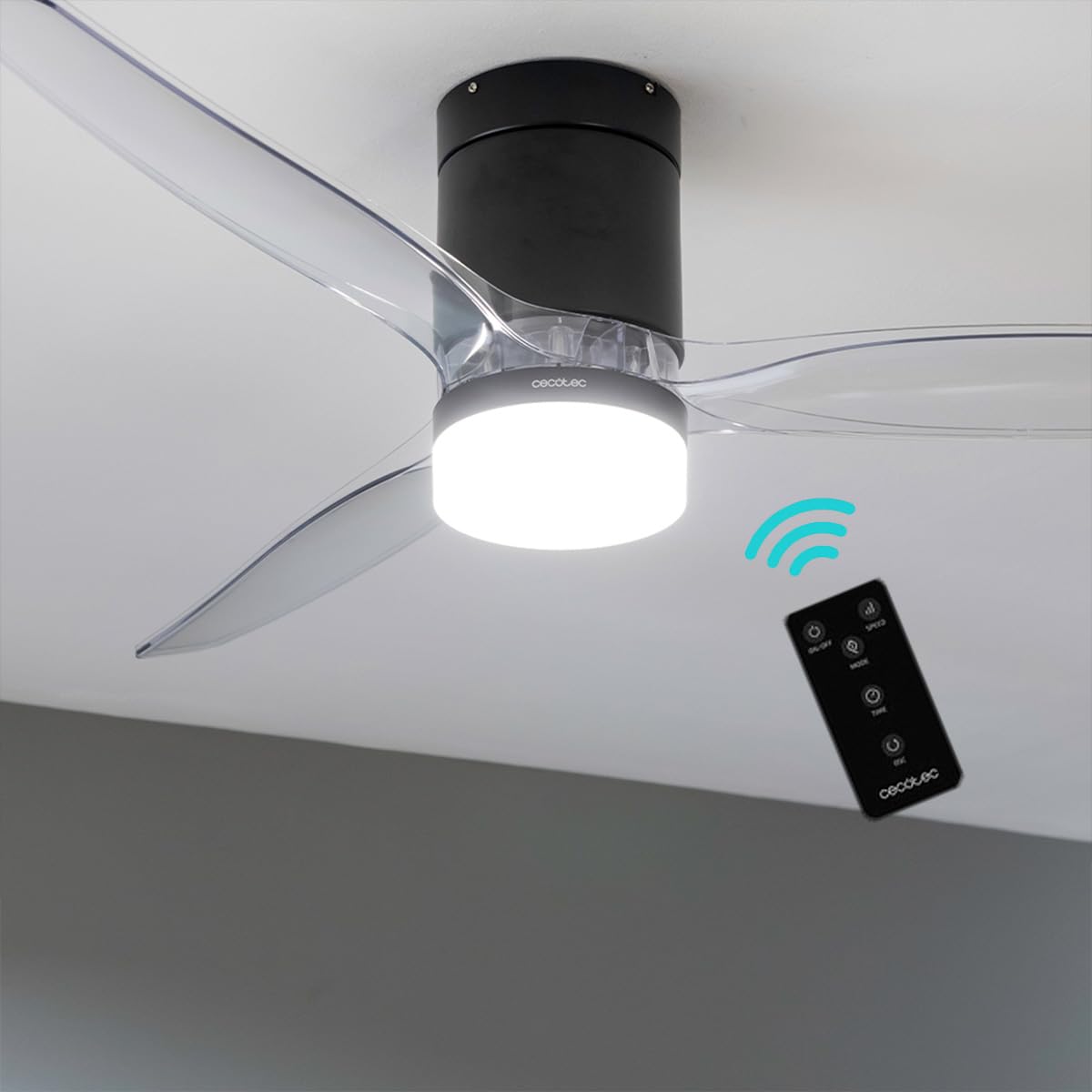 Cecotec EnergySilence Aero 5650 czarny i przezroczysty wentylator sufitowy 40 W, silnik prądu stałego, średnica 52" (132 cm), 3 łopatki, pilot, timer, 6 prędkości, tryb zimowy letni