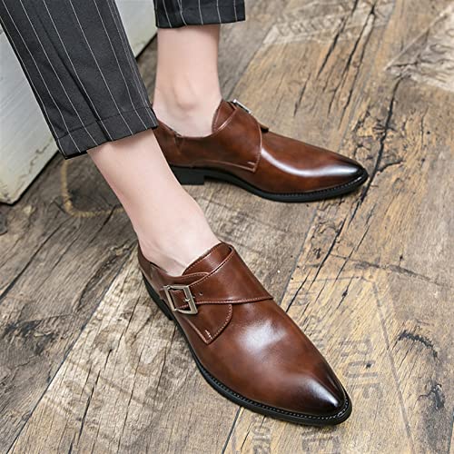 Dress Shoes for Men Slip On Monk Strap Pointed Burnished Toe PU Leather Block Heel Rubber Sole Resistant Non Slip Anti-Slip Walking2