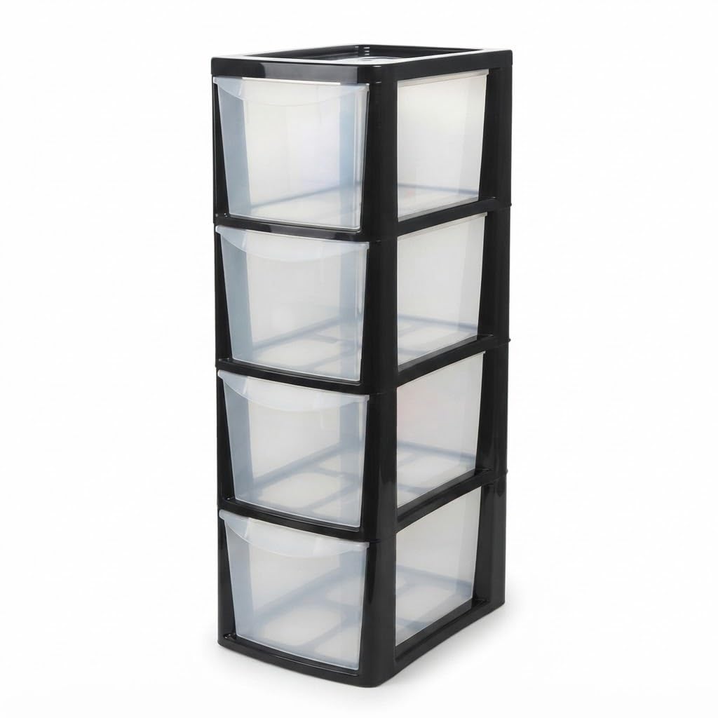 VEERDA 4 Drawer Medium Plastic Storage Drawers Unit Space Saving Plastic Drawers Organizer for Home Office Bedroom Kitchen Bathroom Multipurpose Storage Unit Durable Plastic Drawers (Black Clear)