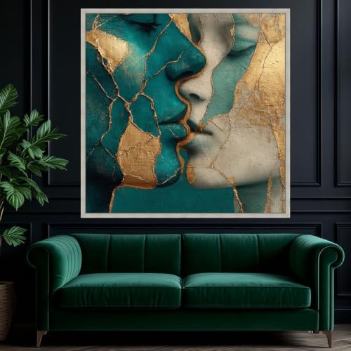 Tableau abstrait de couple moderne toile gros plan portrait doré - 2