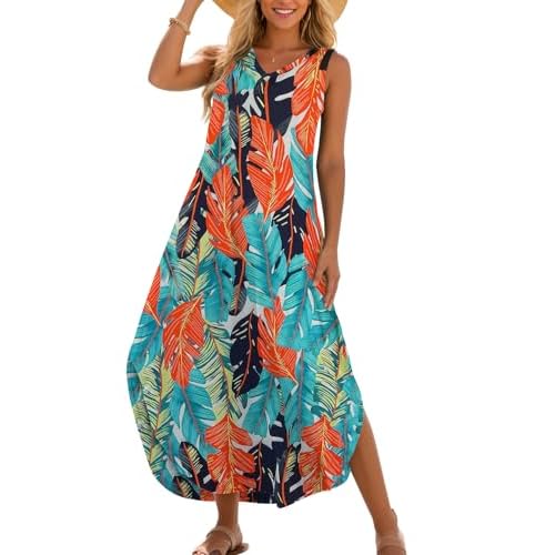 Zilcremo Women's Summer Casual Loose Sundress Long Dress Sleeveless V Neck Split Tshirt Maxi Dresses Small Orangeleaf