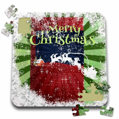3dRose Santa & Reindeer Pulling a Sleigh, Snowflakes 10x10 Inch Puzzle