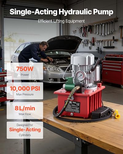 Image of VEVOR Electric Driven Hydraulic Pump, 750W 10,000 PSI, 120V Single Acting Hydraulic Pump Power Pack Unit, Solenoid Valve with Pedal Switch, 2.1 Gal / 8L, for Punching, Bending, Single Acting Cylinders