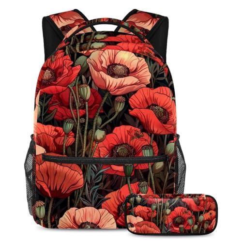 Sac à dos Coquelicots rouges ensemble cartable confortable contre le mal de dos