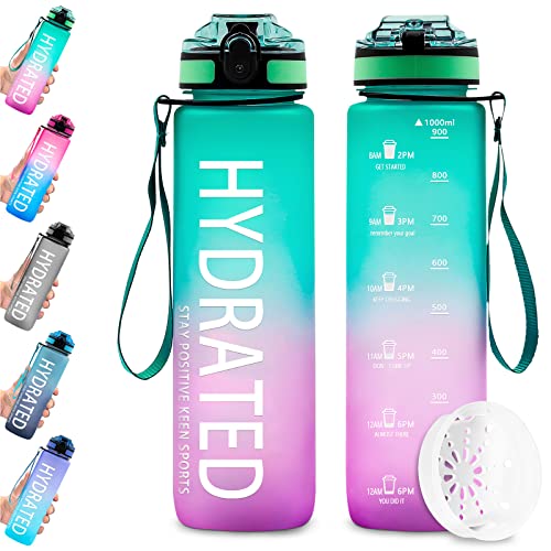 Bupoly Water Bottle 1L, Motivational with Time Marker and Filter, Sports Drinks BPA Free tritan Leak Proof for Gym, School, Cycling, Outdoor, Sports, Fitness& Office (Green Purple) Bupoly Water Bottle 1L, Motivational with Time Marker and Filter, Sports Drinks BPA Free tritan Leak Proof for Gym, School, Cycling, Outdoor, Sports, Fitness& Office (Green Purple)