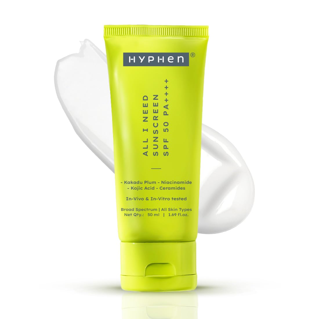 Hyphen All I Need Sunscreen SPF 50 PA ++++ | Lightweight Sun Cream & Leaves No White Cast | UVA & UVB Sun Care Blue Light Protection | Niacinamide, Ceramide Mineral Sunscreen for Women and Men for Dry, Oily, All Skin Types | 50ml