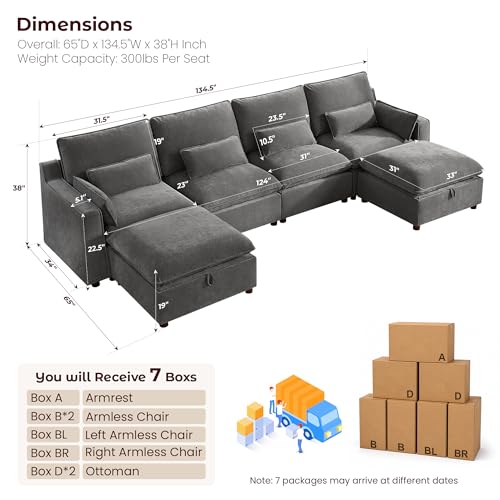 Image of WorthFurni Modern Modular Sectional Sofa,134 inch U Shape Sectional Cloud Couch with Storage Ottoman,Comfty 6 Seat Sofa for Living Room,Grey Chenille