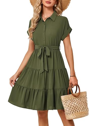 JASAMBAC Occasion Dresses for Women UK Shirt Dress Casual Button Down Summer Dresses Collared Polo Neck Midi Dresse Ruffle Pleated A Line Elegant Dresses Flowy Dress with Pockets Army Green
