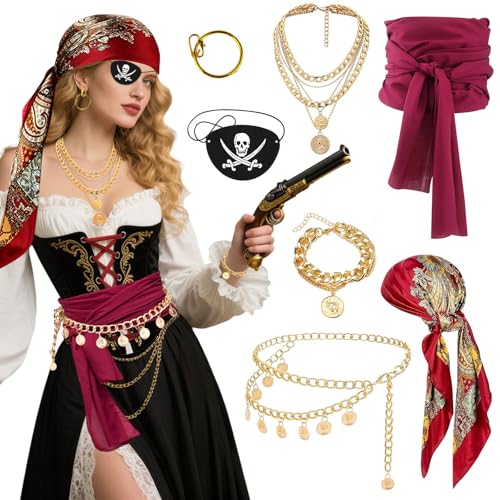 Piratenkostüm Damen Accessoires 7 Stück Piraten Kostüm Frauen mit Piraten Kopftuch Augenklappe Pirat Gürtel Taillenkette Armband Ohrschmuck Halskette Faschingskostüme Karneval Kostüm Damen