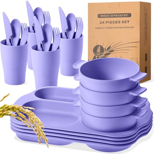 Honoson 24 Pcs Wheat Straw Dinnerware Cutlery Set Service for 4 Unbreakable Plates and Bowls Set - Divided Plates Bowls Spoons Forks & Knives Microwave & Dishwasher Safe(Light Purple)