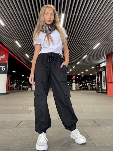 Image of Girls Cargo Pants Elastic Waist Casual Jogger Pants for Girls Streetwear Loose Parachute with Pockets 7-14Years