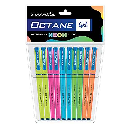 Classmate Octane Neon- Blue Gel Pens (Pack of 10)|Smooth Writing Pens|Water-Proof Ink for Smudge-Free Writing|Attractive Neon Body Colours|Preferred by Students for Exam & Class Notes
