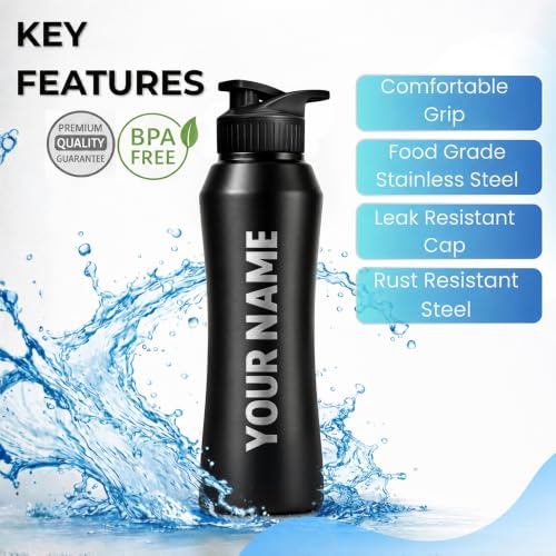 Image of Speedex Customised Stainless Steel Sipper Water Bottle 1 Ltr with Engraved Name - Personalised Flip Cap Bottle for Kids, Adults, School, Sports, Gym, Black, Set of 1