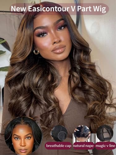 Image of Beauty Forever V Part Wig Human Hair Balayage Brown Highlight Loose Wave Face Framing EasiContour Vpart Wigs Magic Leave Out Upgrade U Part Human Hair Ready to Go Drawstring Wig 150% Density 20inch